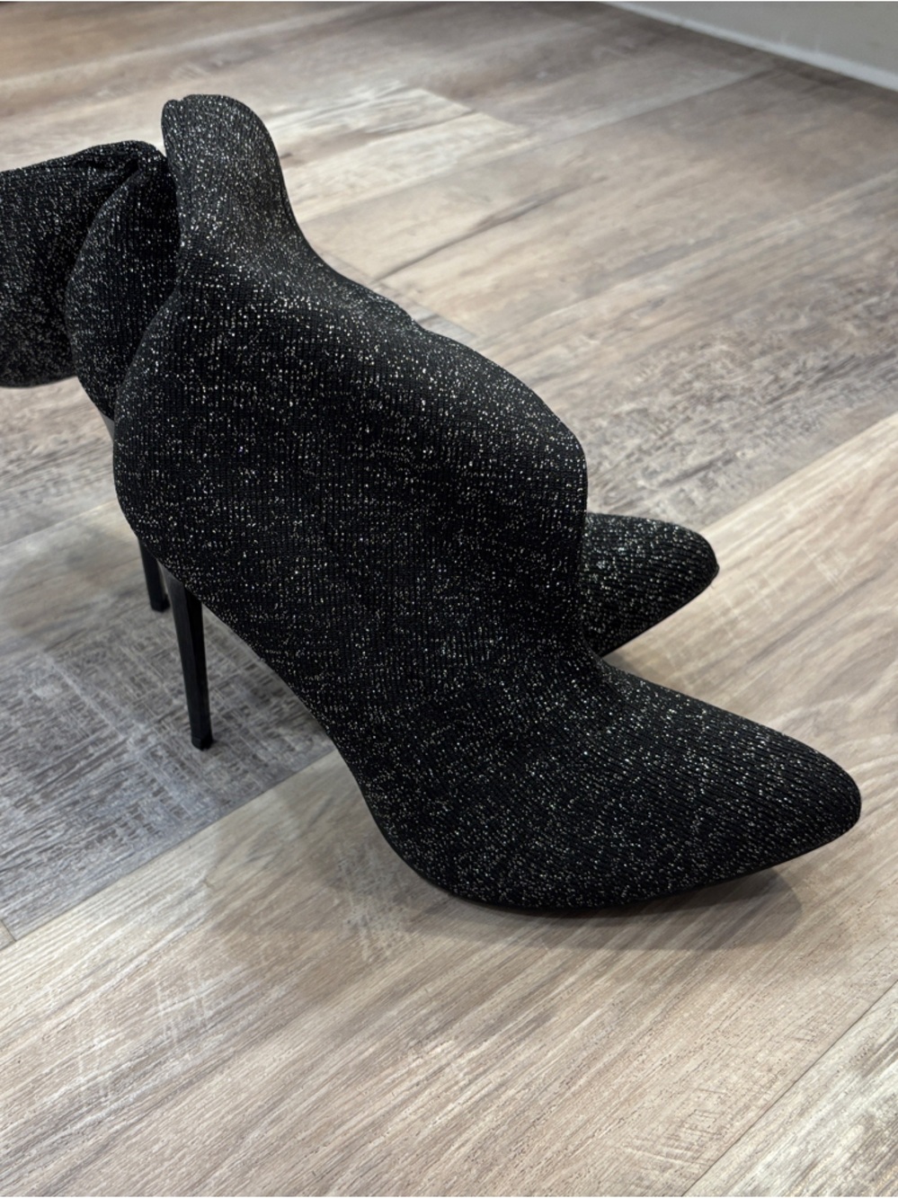 Black Glitter Pointed Toe Stiletto Ankle Boots 8.5